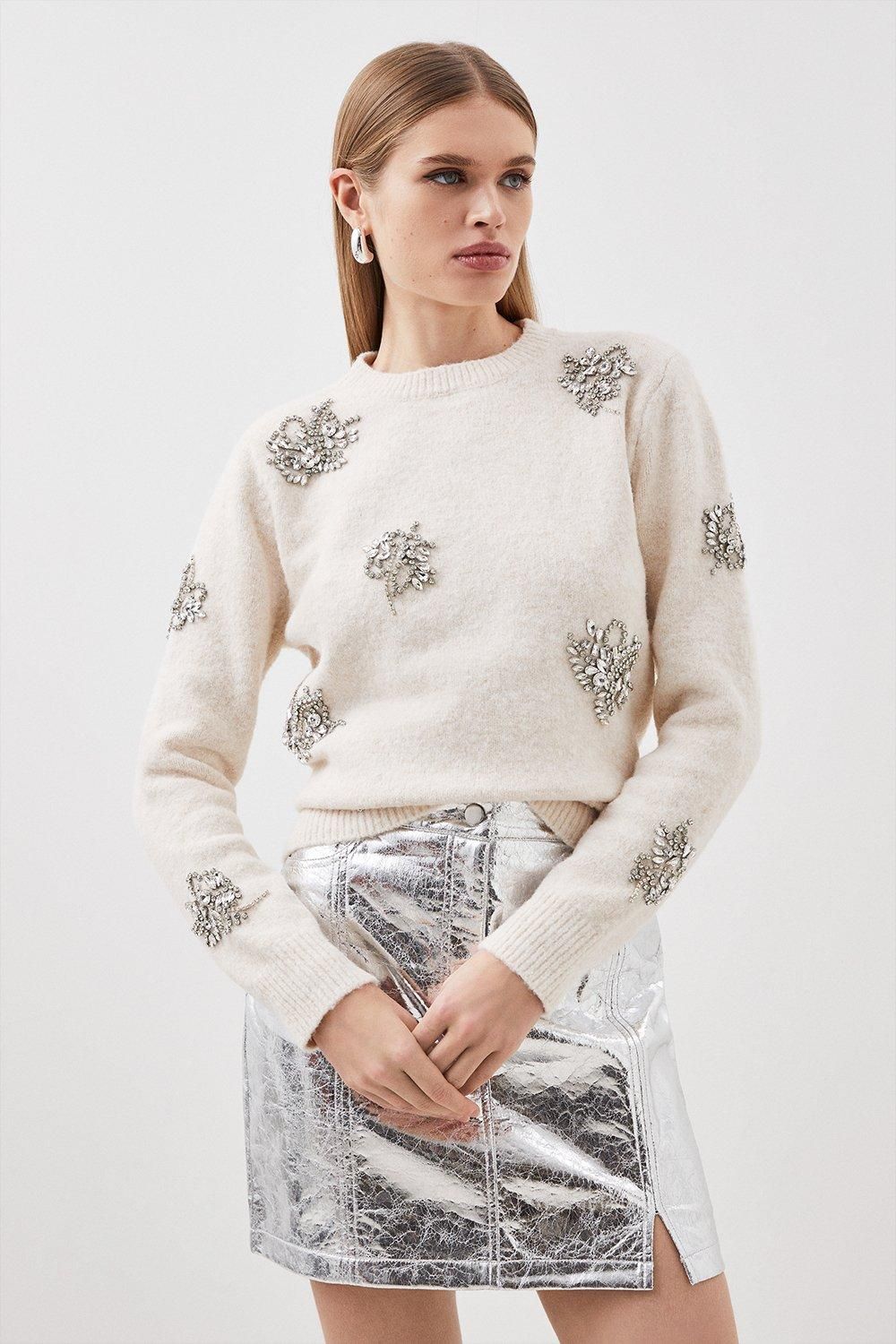 Wool Blend Embellished Cosy Knit Jumper | Karen Millen UK + IE + DE + NL