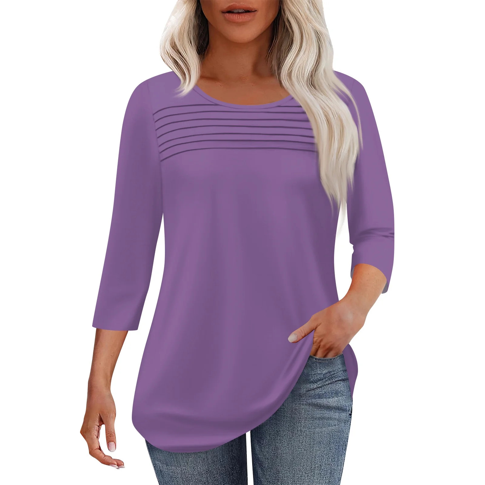 HAJWOH Purple Womens Tops 3/4 Sleeve Shirt Casual Pleated Front Blouse Spring Summer Crewneck Out... | Walmart (US)