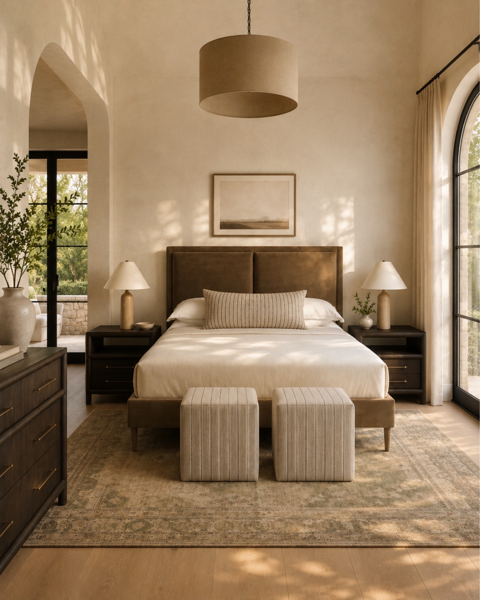 I love using warm neutrals and textures in a primary bedroom! This gorgeous velvet bed and dark brown furniture create a neutral base that is warm and cozy, without making the room feel too heavy.

#LTKHome