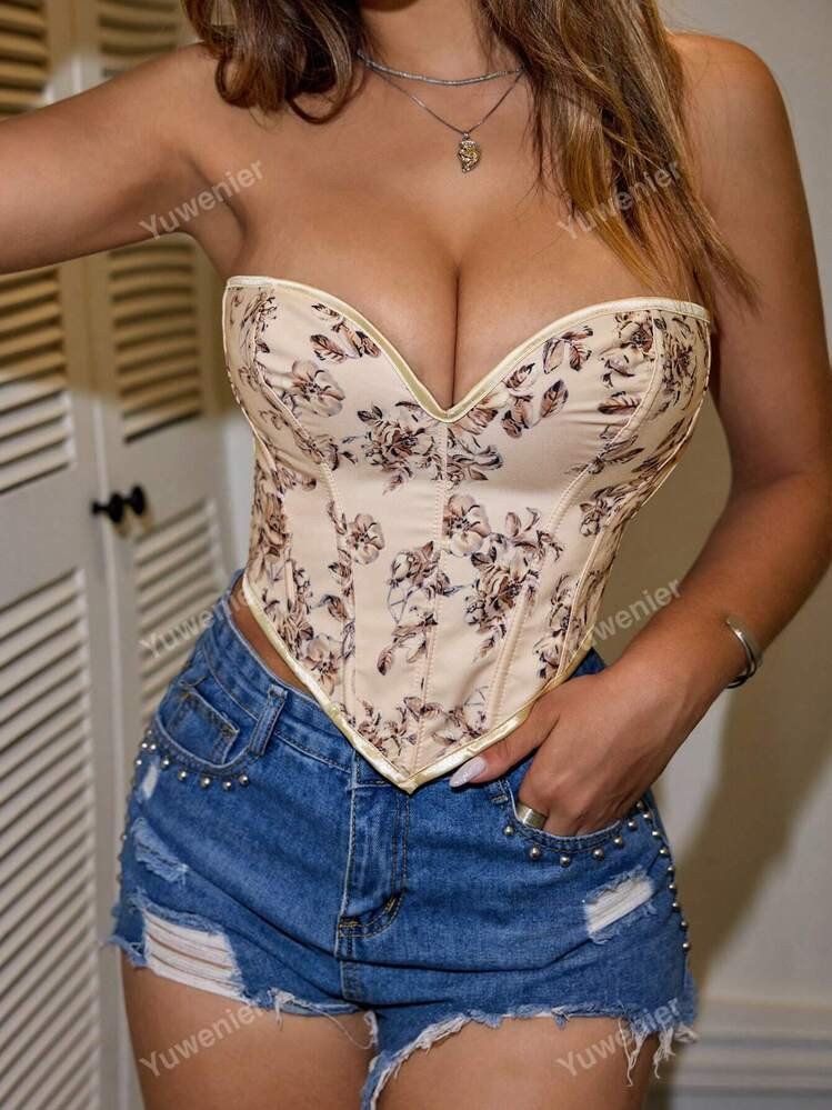 Rave Vintage Floral Print Hanky Hem Boned Lace Up Back Backless Shapewear Corset Crop Tube Party Top Holiday Comfy Outfits | SHEIN