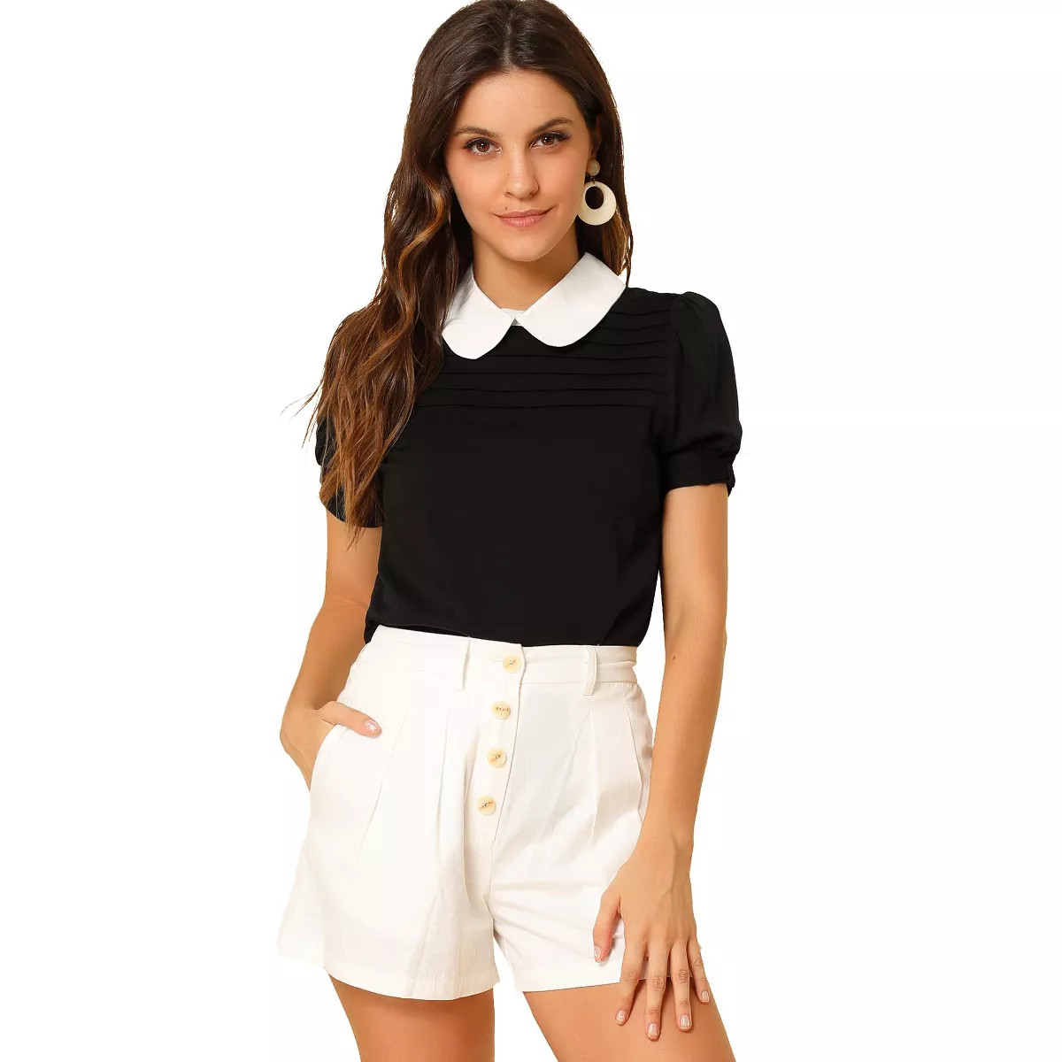Allegra K Women's Vintage Peter Pan Collar Contrast Puff Short Sleeve Blouse | Target