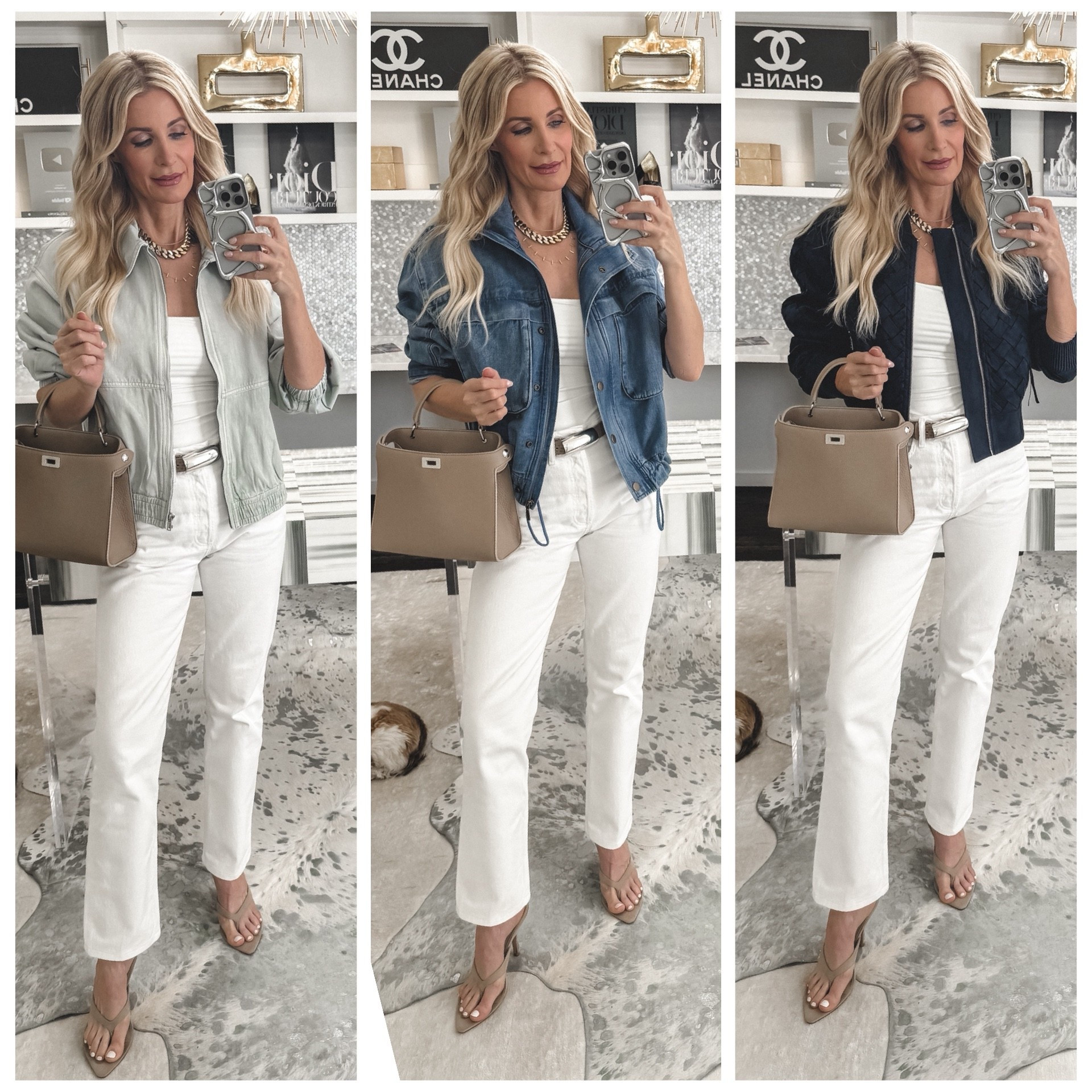 An outfit formula for when you feel like you have nothing to wear…we’ve all been there 🤍

Start with a white tank or bodysuit + white jeans = the perfect blank canvas. Just switch out your jacket and you’ve got a completely different look every time.

I’m wearing the A Gold E “Lana” white jeans — high-waisted with a straight leg and a slightly tapered ankle (so flattering!). The denim is thick enough to smooth everything out (a must 🙌). They run true to size — I’m in a 24.

3 easy ways to style it:
✨ Light-wash denim bomber (casual)
✨ Dark denim utility jacket (polished)
✨ Navy faux suede bomber (elevated)

Jackets run true to size — wearing an XS.

Save this for those “nothing to wear” days 💫

#LTKgrwm #LTKOver40 #LTKootd