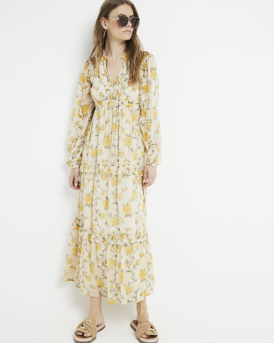 Yellow floral tiered swing maxi dress | River Island (UK & IE)