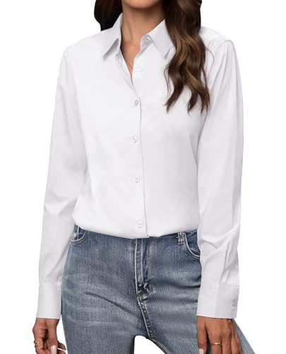 Gleeivy Button Up Shirts for Women Long Sleeve Womens White Button Down Shirt Classic Fit Solid Cotton Work Office White L | Amazon (US)