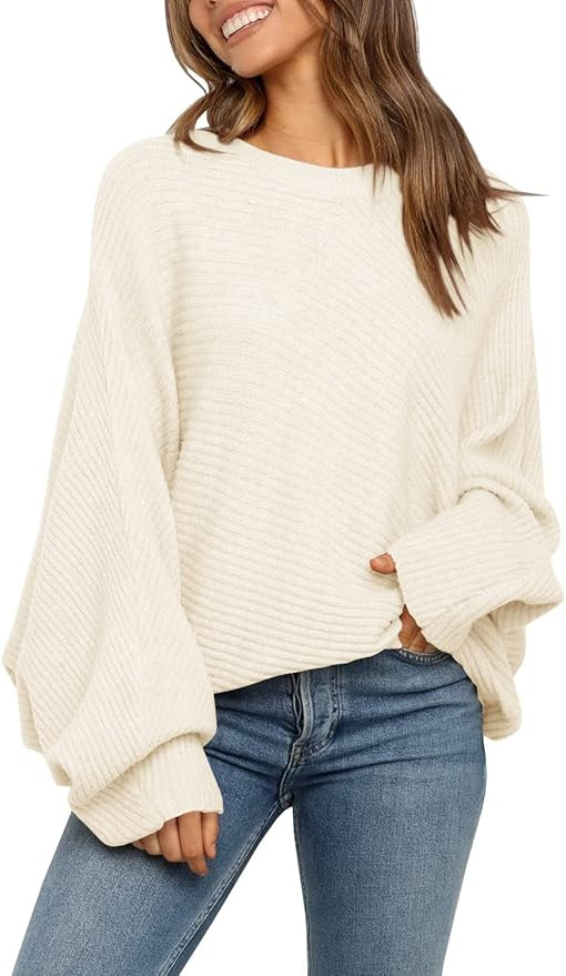Mafulus Women's Oversized Crewneck Sweater Batwing Puff Long Sleeve Cable Slouchy Pullover Jum... | Amazon (US)