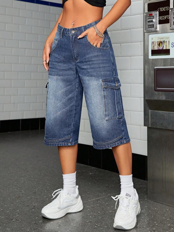SHEIN ICON Flap Pocket Side Bermuda Capri Jeans | SHEIN