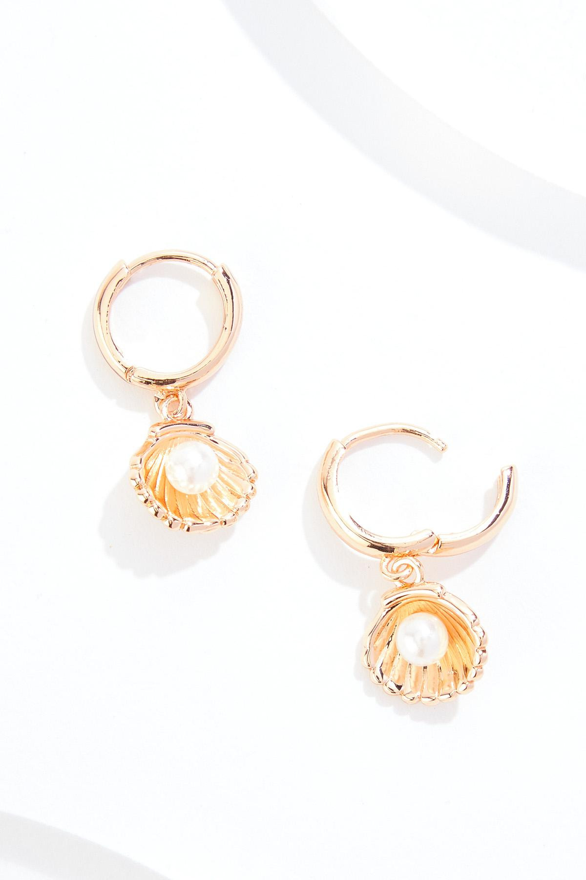 Gold Clam Shell Pearl Huggie Hoop Earrings | Cato Fashions