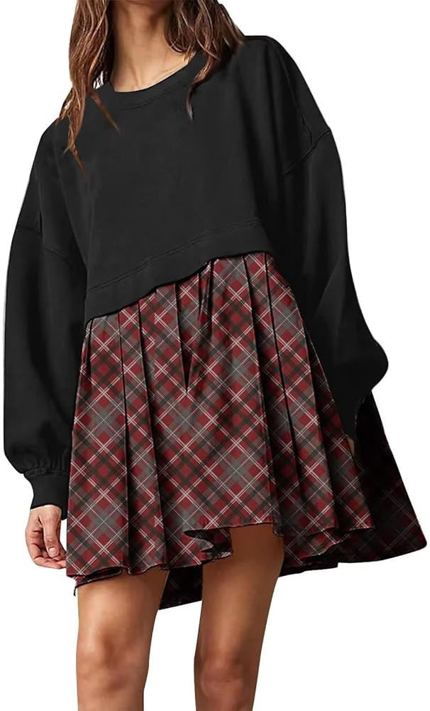 Corkifux Womens Oversized Sweatshirt Dress Fall Crewneck Sweatshirt Casual Patchwork Long Sleeve Pleated Mini Dress | Amazon (US)