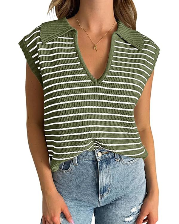Yousify Summer Sweaters for Women 2024 V Neck Cap Sleeve Tops Sleeveless Spring Clothes S-2XL | Amazon (US)