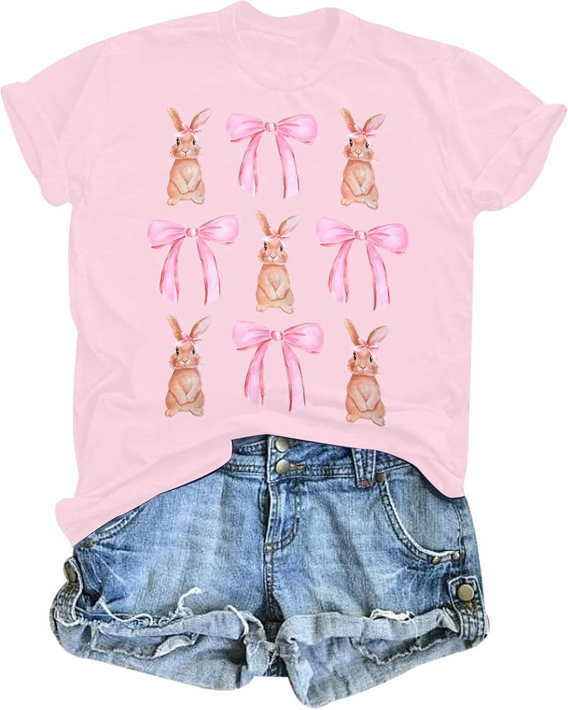 Easter Shirts for Women Cute Easter Bunny Shirt Trendy Pink Bow Girly Tee Bunny Bow Tops Watercol... | Amazon (US)