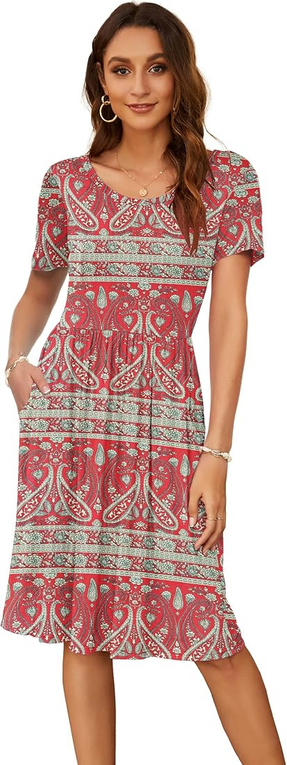 AUSELILY Women's Short Sleeve Pockets Empire Waist Loose Swing Casual Flare Print Floral Pleated ... | Amazon (US)