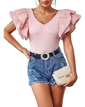 Vrtige Women's V Neck Ruffle Cap Sleeve Summer Blouse Top Shirt | Amazon (US)