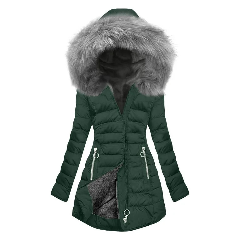QQAMB Women's Winter Coats Warm Solid Color Long Elegant Quilted Puffer Jacket with Faux Fur Hood... | Walmart (US)