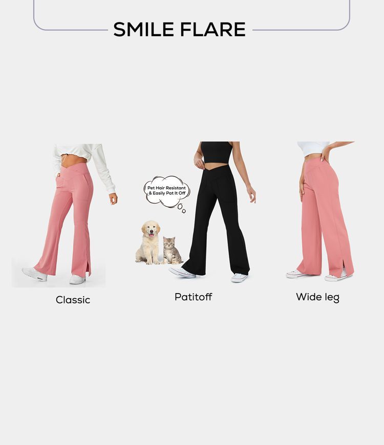 Women's Patitoff™ Flow Pet Hair Resistant Crossover Pocket Split Hem Yoga Flare Leggings-Smile ... | HALARA