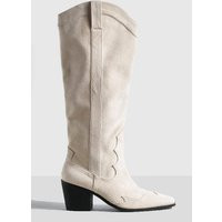 Womens Knee High Heeled Faux Suede Western Cowboy Boots - Beige - 9 | boohoo (US & Canada)