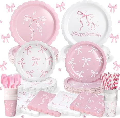 156 Pcs Pink Bow Party Plates and Napkins Cups Tableware Sets for Coquette Birthday Decorations, ... | Amazon (US)