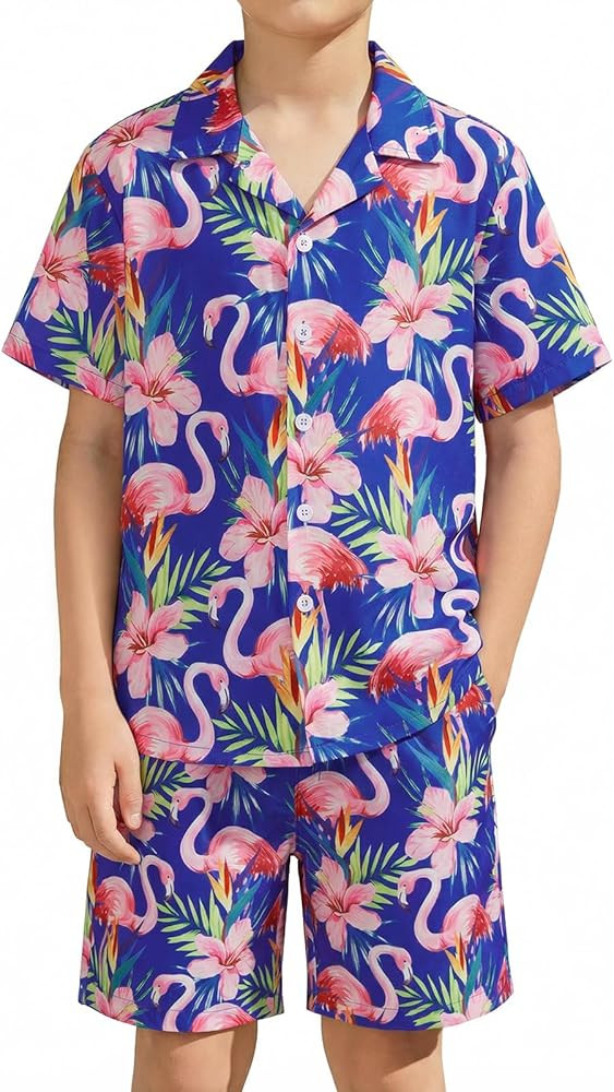 Haloumoning Boys 2 Piece Outfits Hawaiian Button Down Shirt and Shorts Sets Summer Beach Clothes ... | Amazon (US)