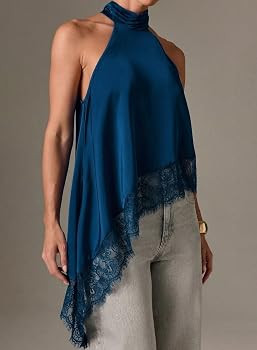 EVALESS Halter Tops for Women Lace Asymmetrical Going Out Satin Tank Top | Amazon (US)