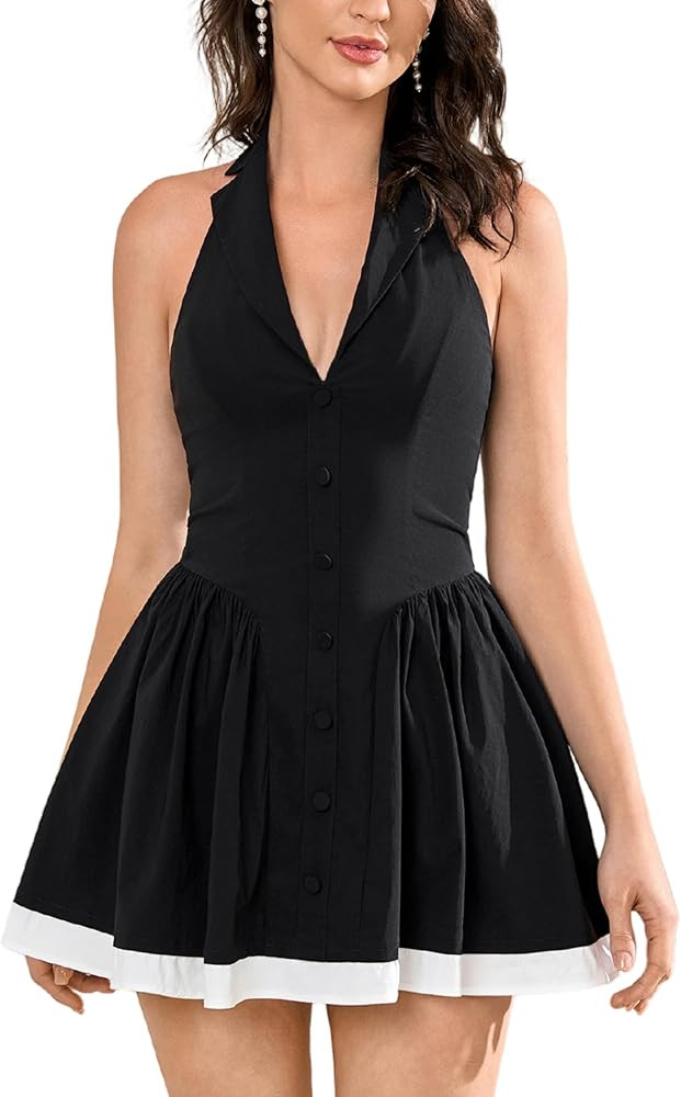 Parthea Women Sexy Backless Short Dress Halter Deep V Neck Ruffle Layer A Line Party Club Mini Dr... | Amazon (US)