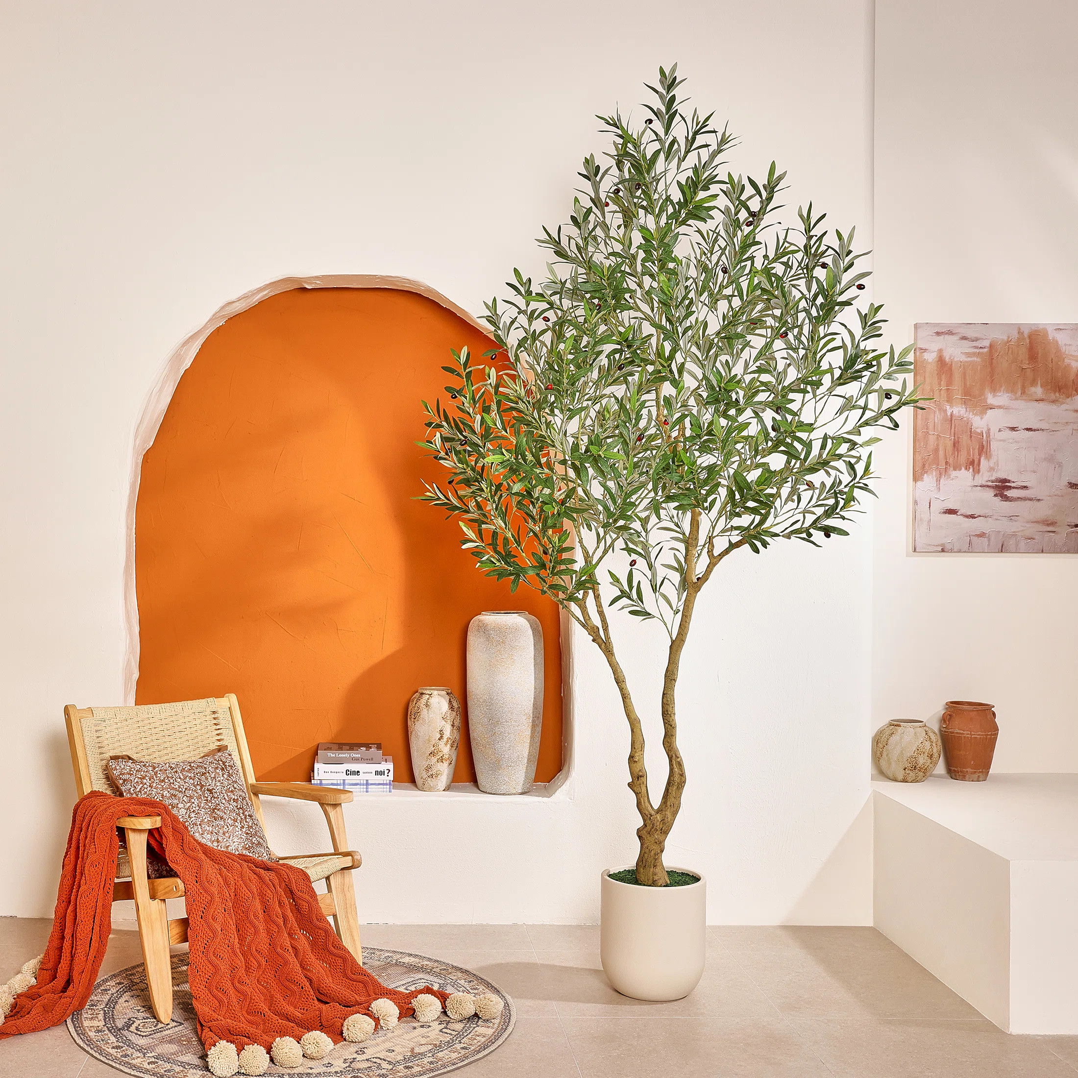 Adcock 8.2 ft Tall Artificial Olive Tree with White Pot - Realistic Faux Greenery Plant with Red ... | Wayfair North America
