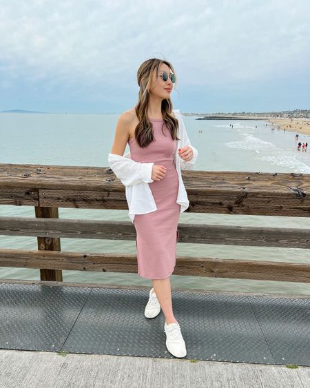 Casual outfit, pink midi dress, white button down shirt, white allbirds sneakers, sunglasses 