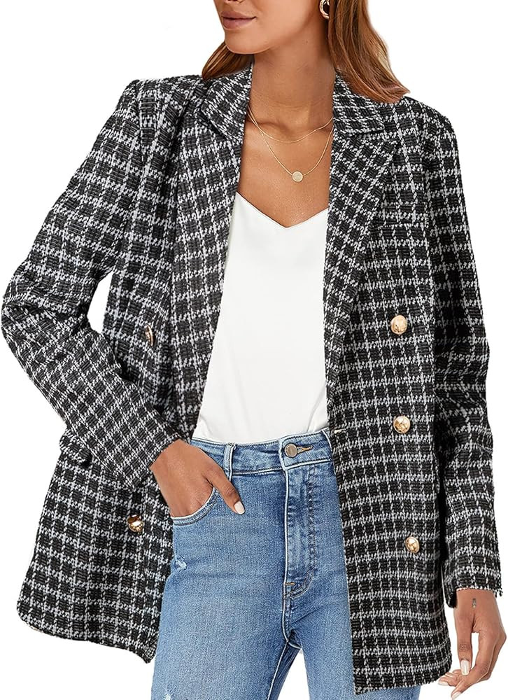 Happy Sailed Womens Tweed Blazers Casual Jackets Long Sleeve Double Breasted Open Front Plaid Bla... | Amazon (US)
