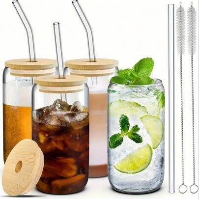 4Pcs 16 Oz Insulated Borosilicate Glass Can Shaped Tumblers With Bamboo Lids And Glass Straws - Reusable, Multipurpose Cups For Beer, Ice Coffee, Soda | SHEIN