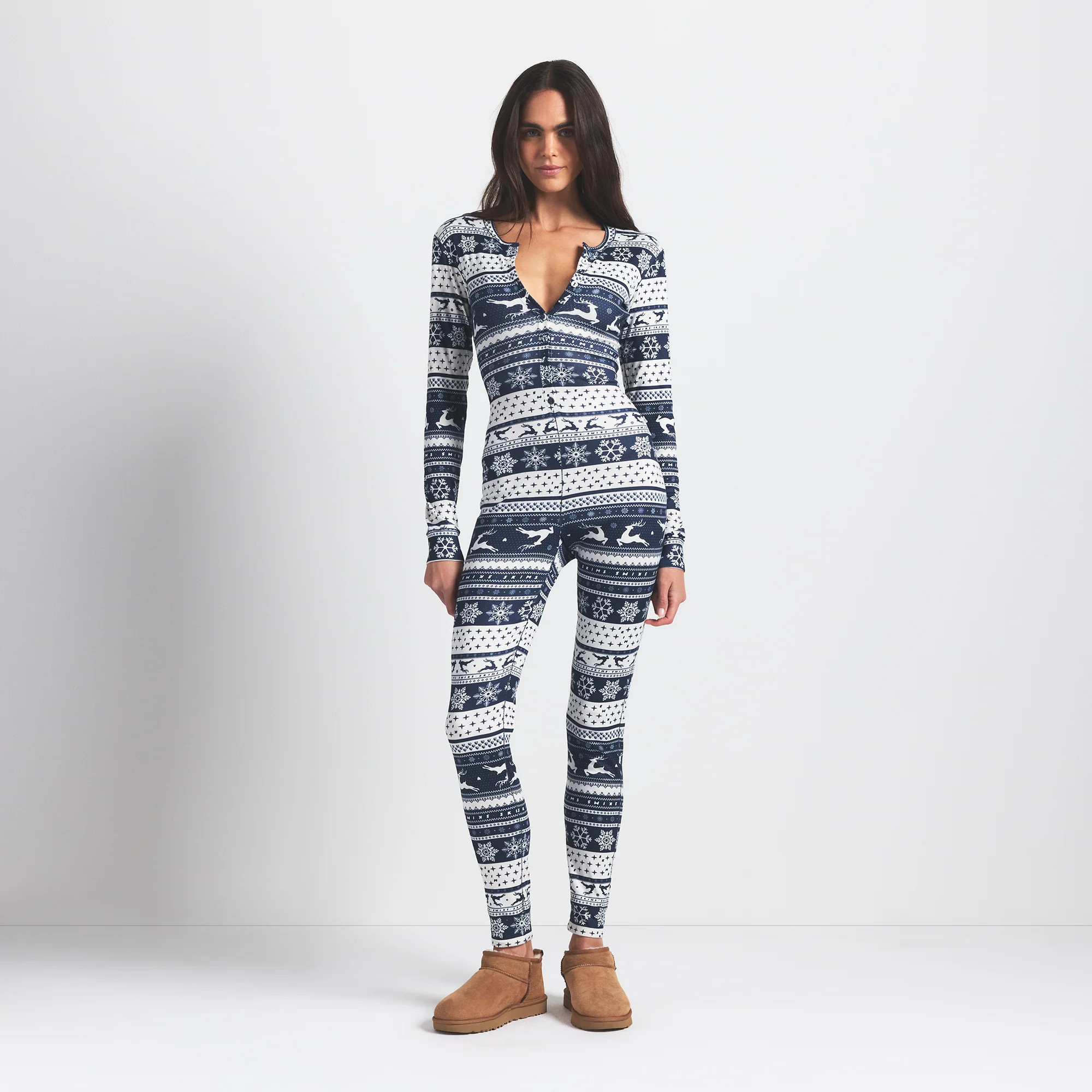 SKIMS Henley Onesie Navy Deer Fair Isle (Bodysuit) | Blue | Small | Logo Plush Pointelle | SKIMS (US)