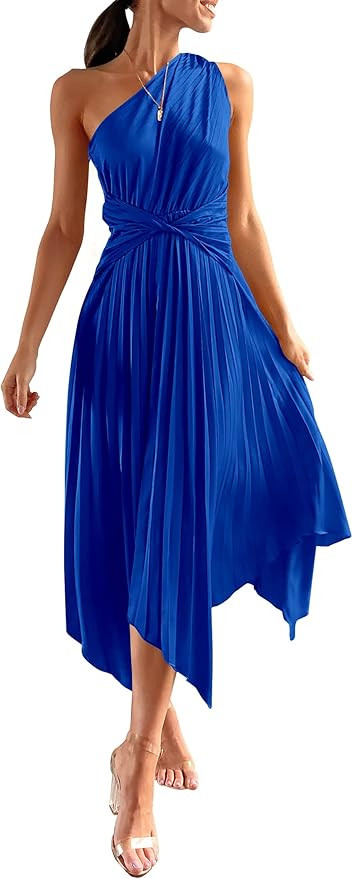 PRETTYGARDEN Women's Summer Long Satin Dress One Shoulder Sleeveless Ruched Twist Flowy Maxi Dres... | Amazon (US)