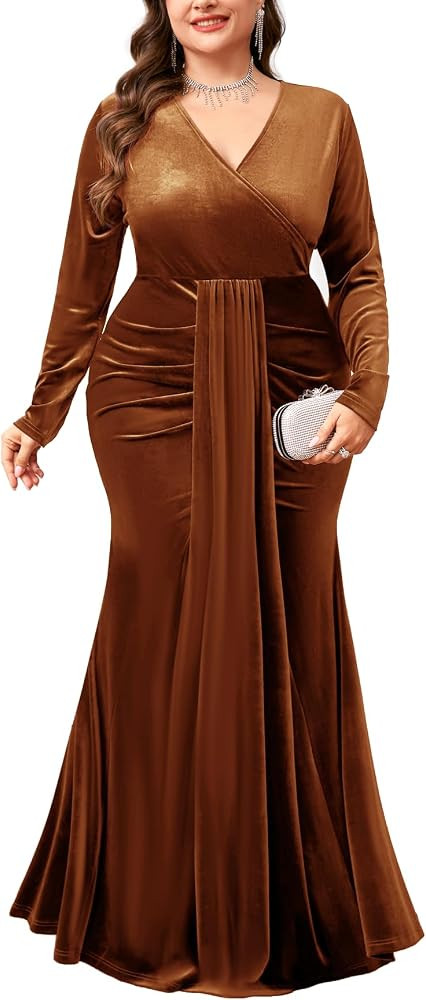 ZOMVA Plus Size Velvet Wrap Dress Long Sleeve V Neck Mermaid Maxi Formal Evening Gowns for Weddin... | Amazon (US)