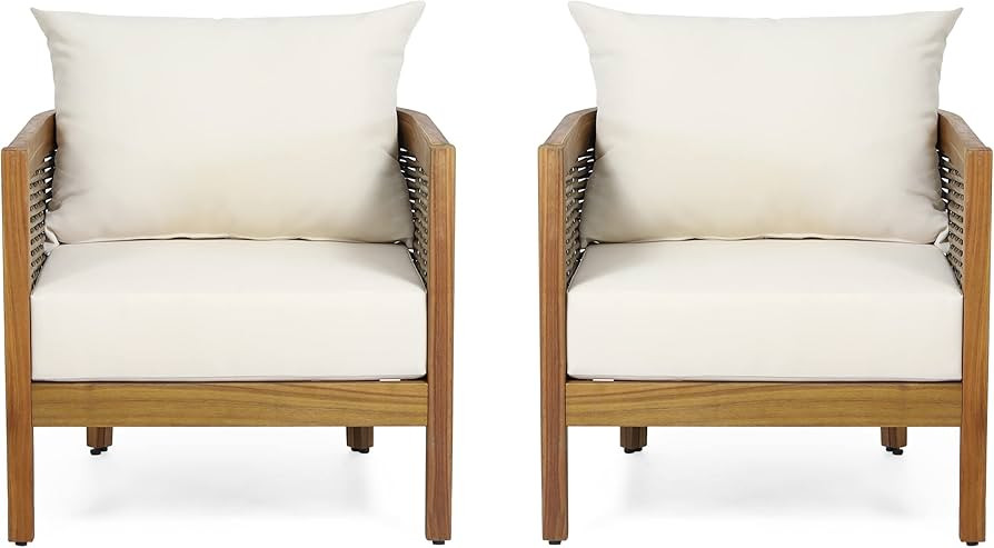 Christopher Knight Home Burchett Outdoor Acacia Wood Club Chairs with Cushions, Beige, Brown | Amazon (US)