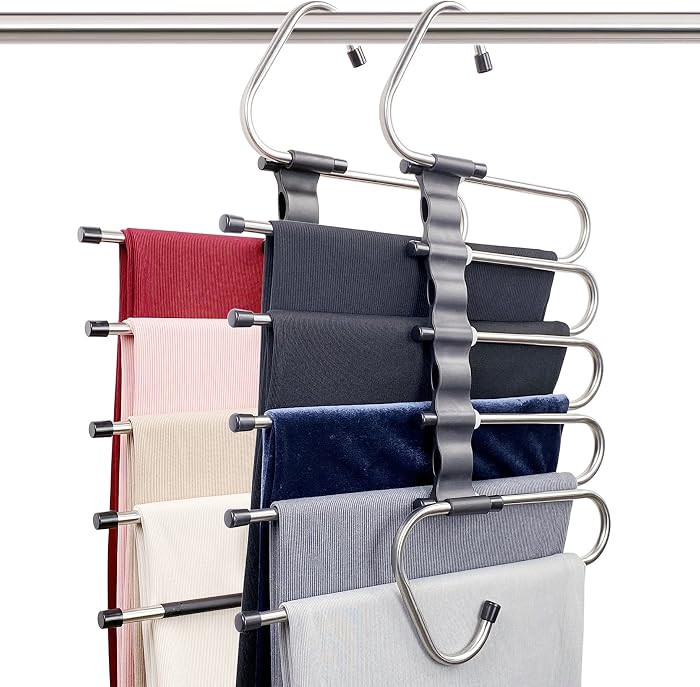 Magic Pants Hangers Space Saving - 2 Pack for Closet Multiple Layers Multifunctional Uses Rack Organizer for Trousers Scarves Slack (2 Pack with 10 Metal Clips) | Amazon (US)