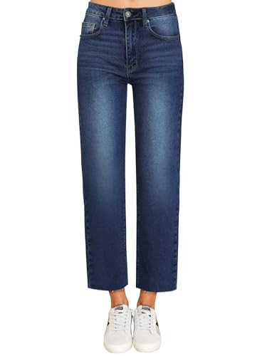 KDF Women's Cropped Straight Leg Jeans - High Waisted Jeans for Women 7/8 Length Denim Pants with Crop Hem Dark Blue | Amazon (US)