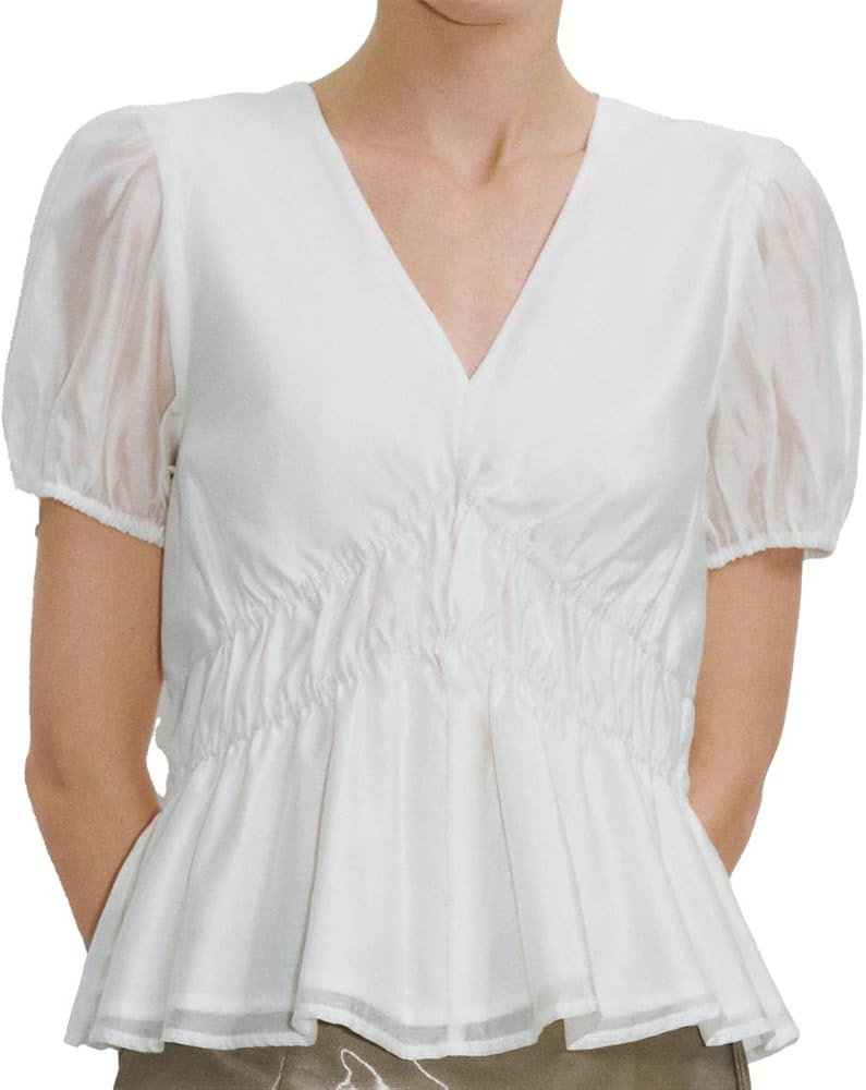 Women's Tops Short Puff Sleeve V Neck Cropped Shirt Casual Lightweight Pullover Blouse Summer | Amazon (US)