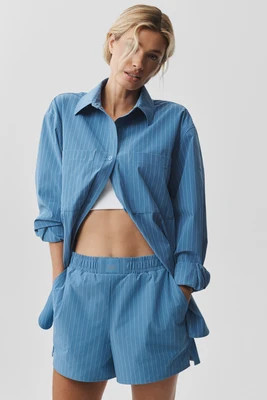 ALO | Pinstripe Daylight Button Down Long Sleeve Top in California Blue/White, Size: XS | Alo Yoga