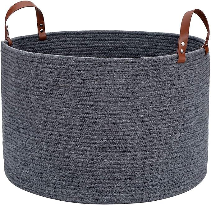 Blanket Basket Woven Baskets for Storage XXLarge Cotton Rope Basket with Leather Handles,20"x13" ... | Amazon (US)