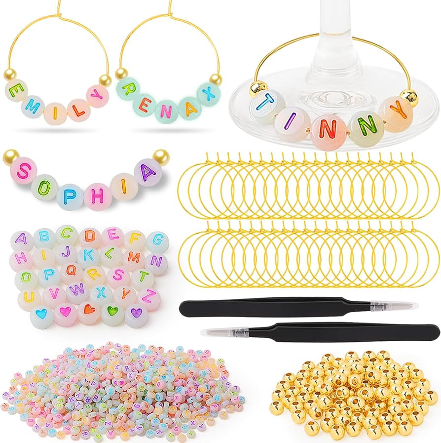 60 Sets DIY Wine Glass Charms – 780 Letter Beads 120 Gold Beads 60 Charm Rings 2 Tweezers, Drin... | Amazon (US)