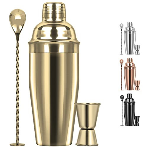 Tiawudi Large 24oz Cocktail Shaker Set, Stainless Steel 18/8 Martini Mixer Shaker with Built-in Strainer, Measuring Jigger & Mixing Spoon, Martini Shaker Set, Perfect for Bartender and Home Use, Gold | Amazon (US)
