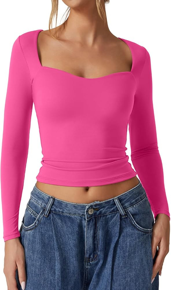 QINSEN, camiseta de mujer, cuello en forma de corazón, manga larga, básica, crop top estirable,... | Amazon (US)