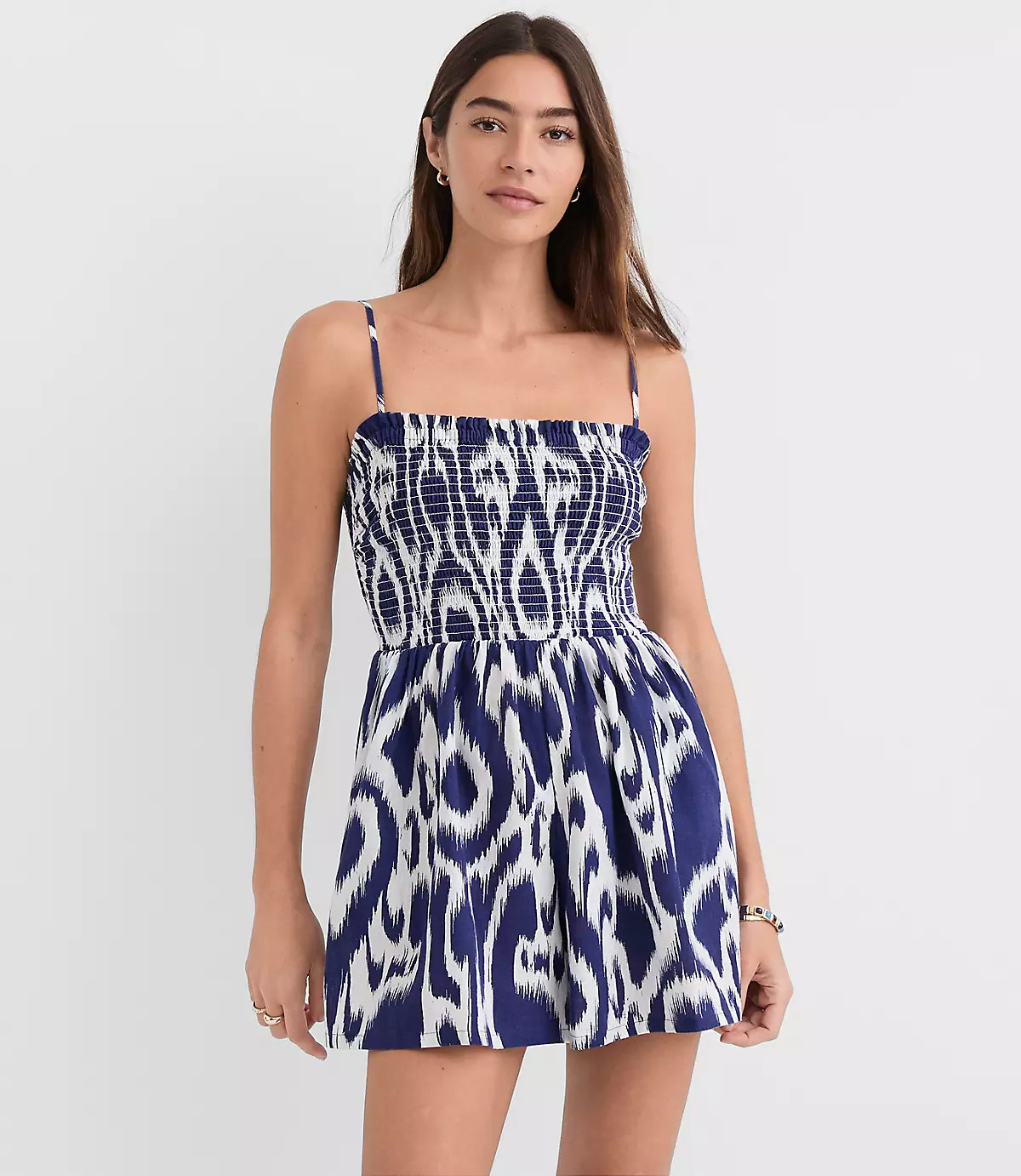 LOFT Beach Ikat Linen Cotton Smocked Romper | LOFT