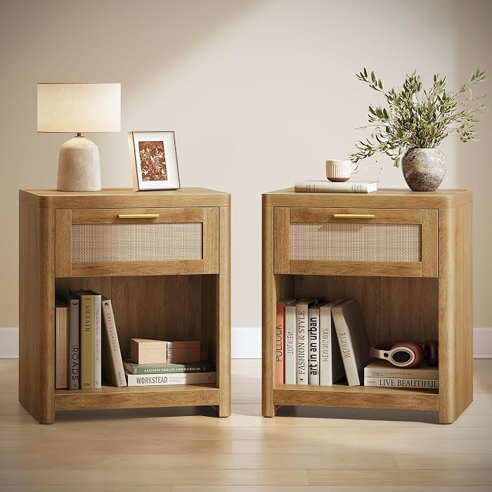 VASAGLE ELLAN Collection - Boho Nightstands with Rattan-Look Drawer, Set of 2 Accent Side End Tab... | Amazon (US)