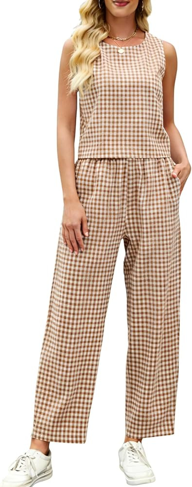 Tanming 2 Piece Sets for Women Summer Gingham Plaid Tank Top Crop Pants Travel Vacation Beach Lou... | Amazon (US)