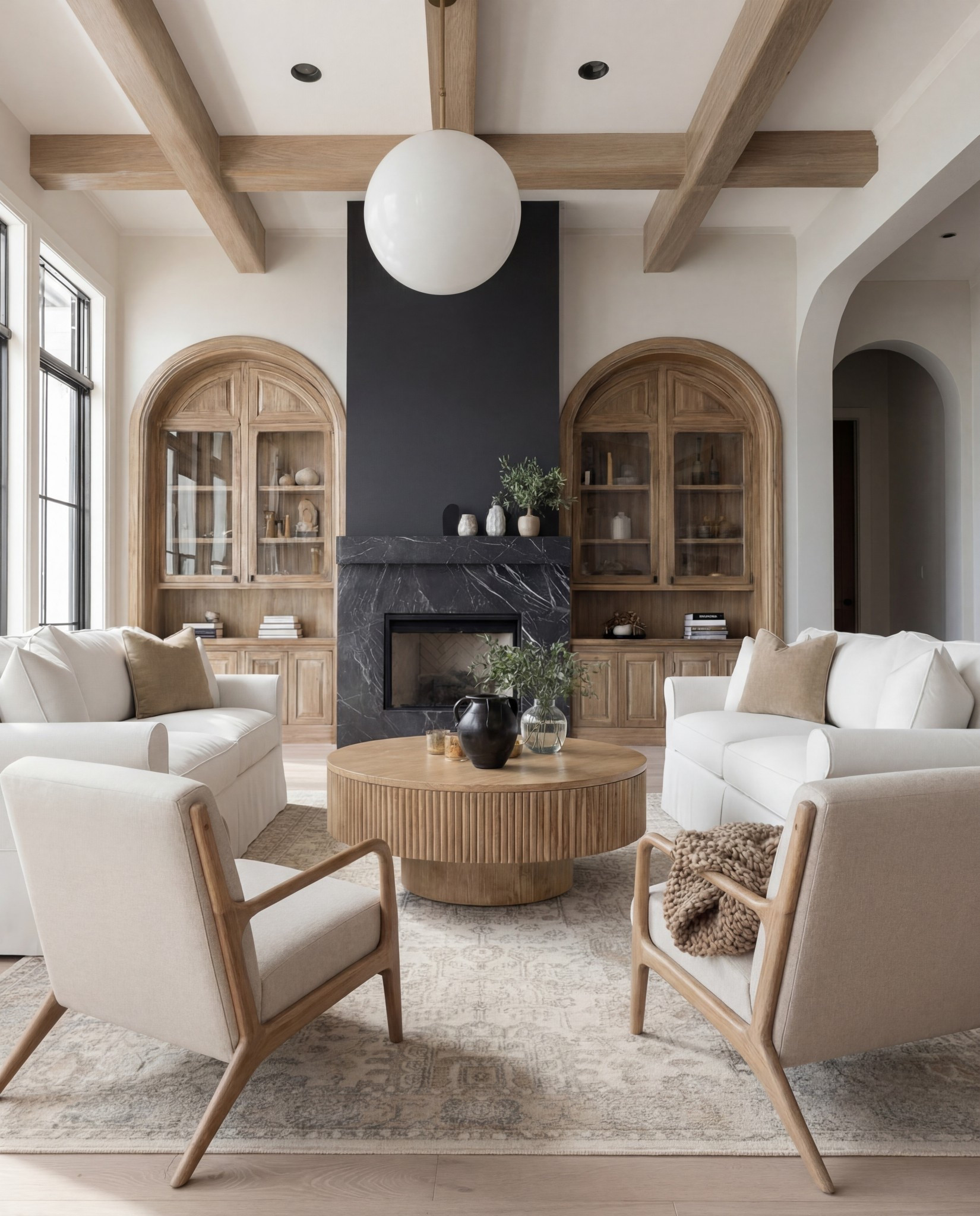 Shop the Look:
• Cream upholstered sofas
• Light wood accent chairs
• Round fluted coffee table
• Black stone fireplace surround
• Warm oak arched built-ins
• Neutral patterned area rug
• Textured knit throw
• Ceramic vases + greenery

#LTKFindsUnder100 #LTKSaleAlert #LTKHome