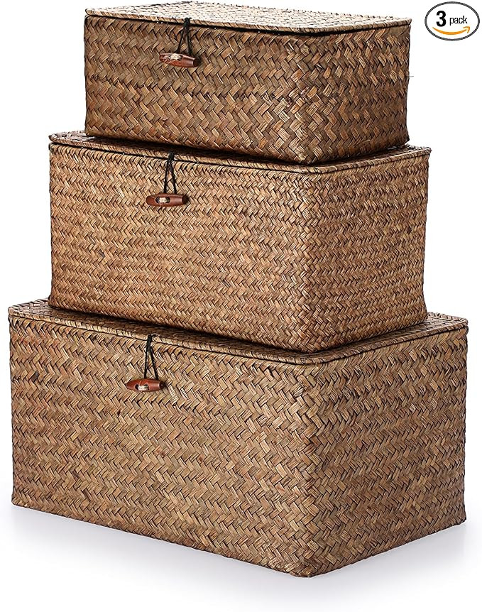 Hipiwe Set of 3 Natural Seagrass Storage Baskets with Lid - Large Handwoven Wicker Storage Bins R... | Amazon (US)