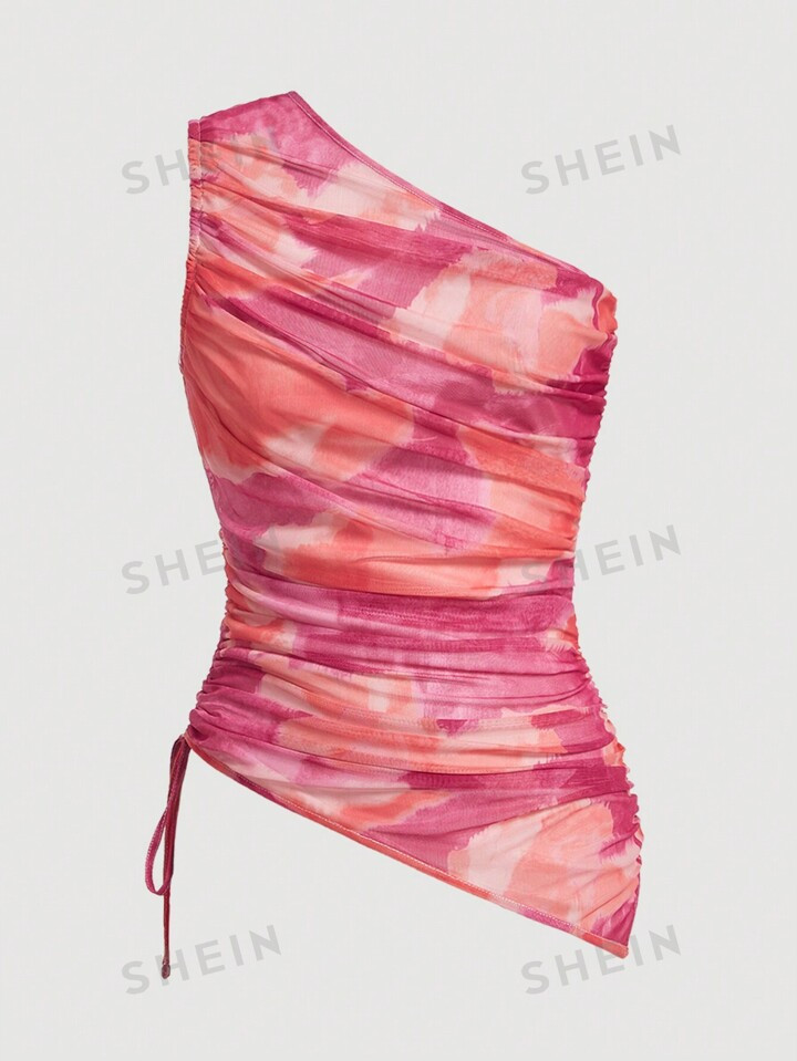 SHEIN MOD Tie Dye One Shoulder Drawstring Side Ruched Mesh Top | SHEIN