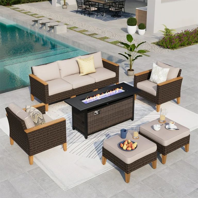 Summit Living 8 Pieces Outdoor Patio Furniture Set with 56-Inch Fire Pit Table Wicker Patio Conve... | Walmart (US)
