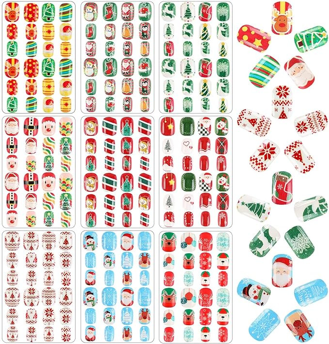 Christmas Kids Press on Nails,216Pcs 9 Pack Christmas Girls Press on Nails Full Cover Short False... | Amazon (US)