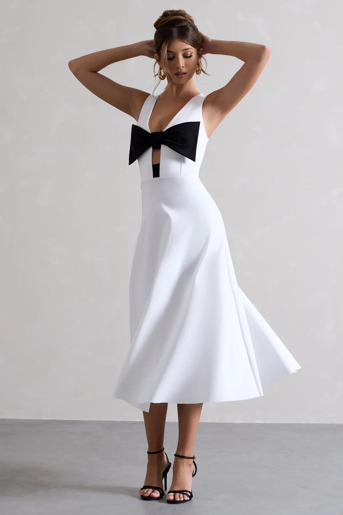 Primrose | White Plunge-Neck Midi Dress With Black Bow | Club L London