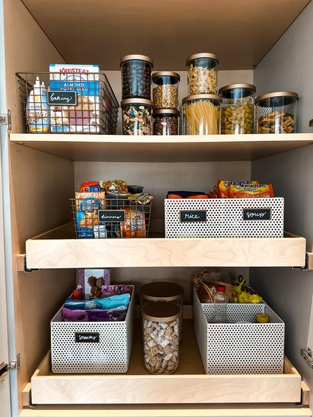 Kitchen pantry organization home 
Bins and basket for storage to be more organized for the new year!
Clear containers and jars 