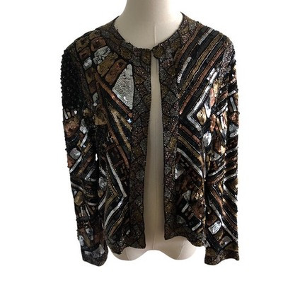 Papell Boutique Vintage Silk Beaded Sequin Evening Formal Jacket L Black Bronze | eBay | eBay US